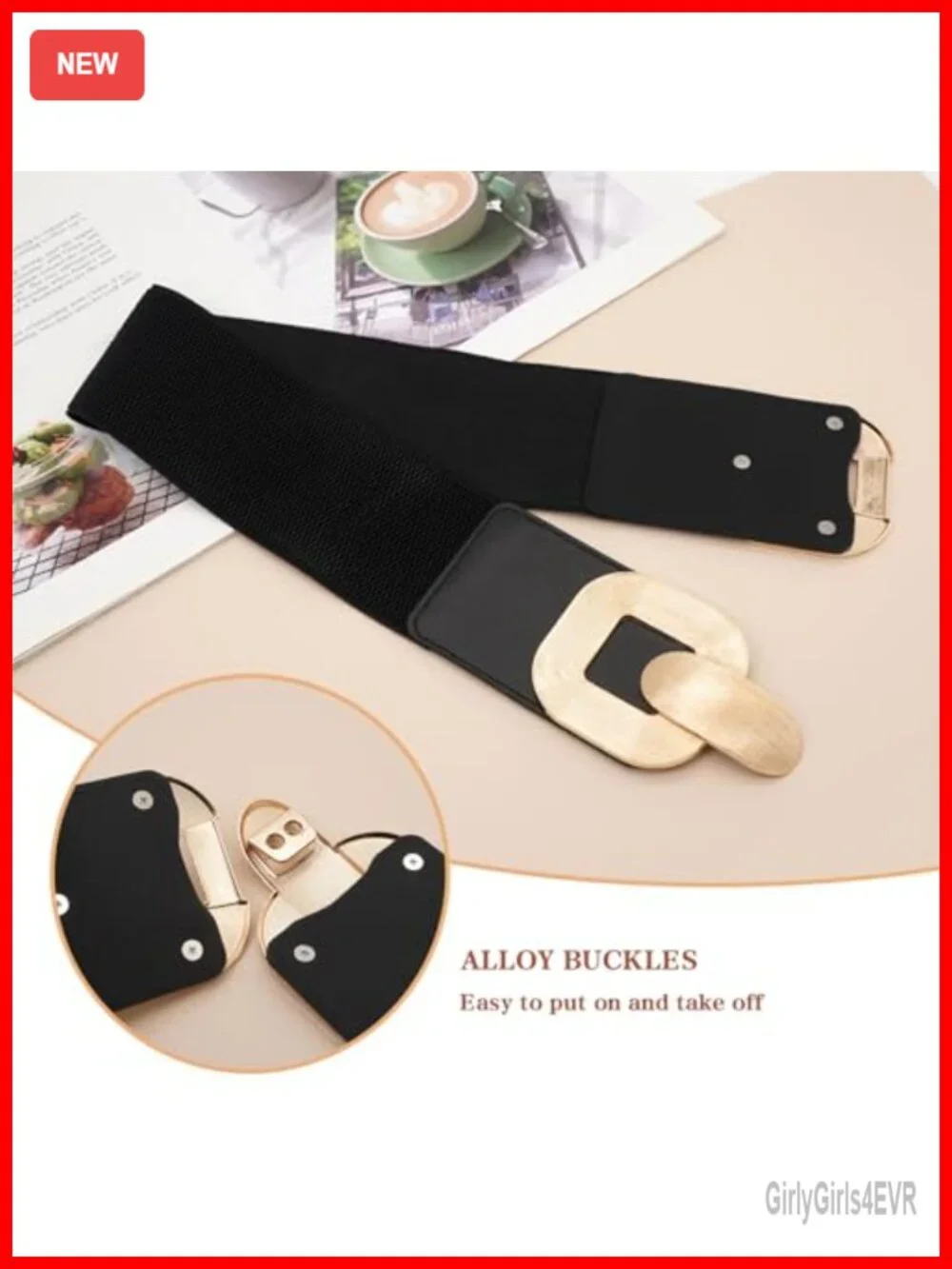Wide Elastic Waist Belt for Dresses Stretchy Belt with Gold Buckle
